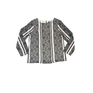 J. Crew Women's Blouse Small Black White Lace Print Long Sleeve Classic Workwear